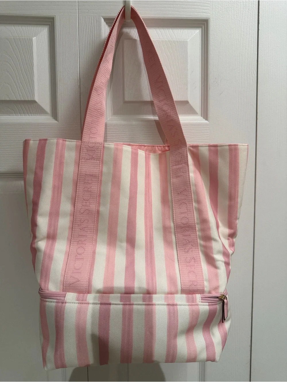 Victoria's Secret Pink and White Striped Canvas Tote with Front Pocket